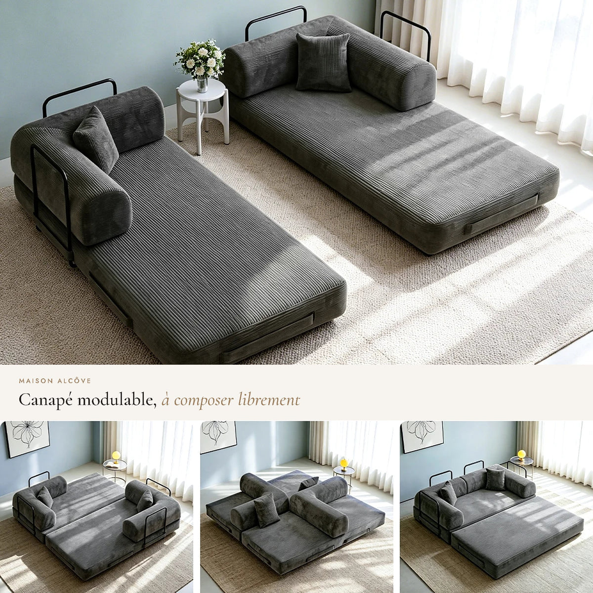 Canapé-lit modulable gris en velours côtelé et ses configurations