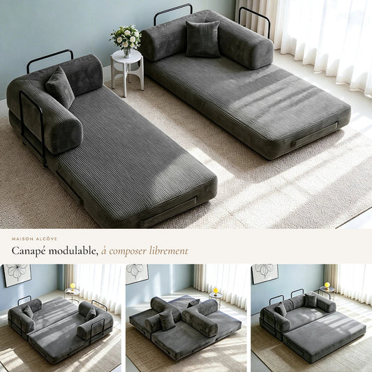 Canapé-lit modulable gris en velours côtelé et ses configurations