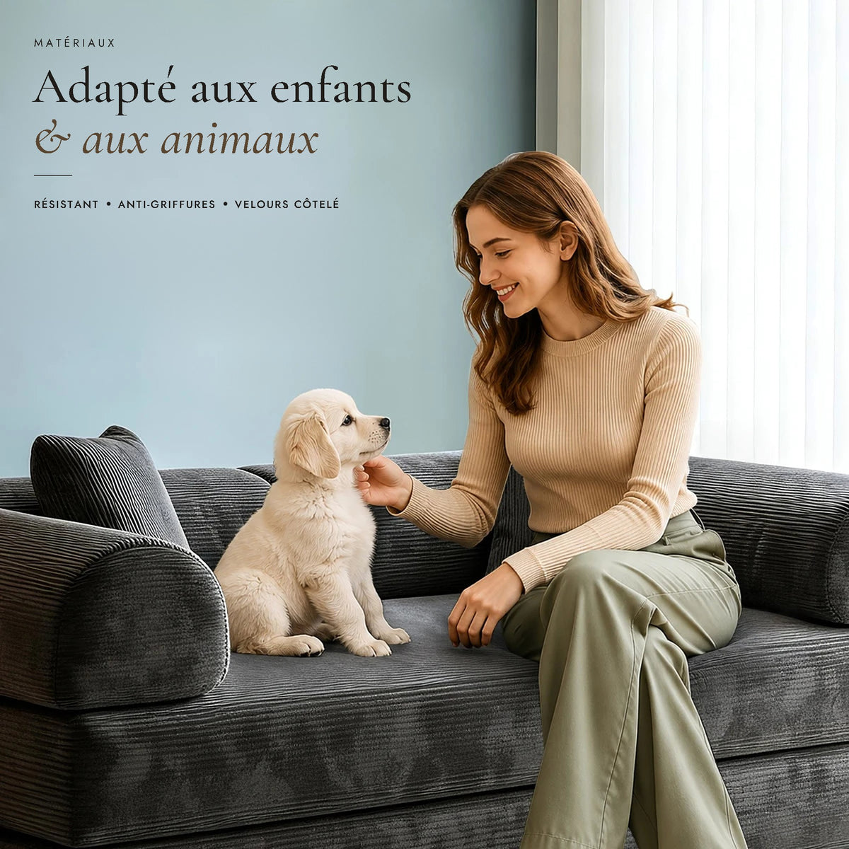 Canapé gris en velours côtelé, adapté aux enfants et aux animaux